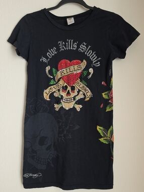 Y2K Ed Hardy Love Kills Slowly Black Rhinestone Skull Tshirt Size Small Bling